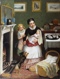 CHARLES ASHMORE 1851-1925, “By the Hearth” Oil on canvas, 18 x 14 inches, signed Cambridge Fine Art