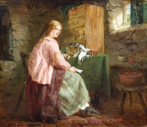 EDWARD CHARLES BARNES, 1830-1890, “News from Afar” Oil on canvas, 13 x 16 inches, signed mono Cambridge Fine Art