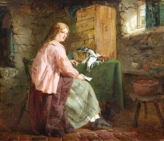 EDWARD CHARLES BARNES, 1830-1890, “News from Afar” Oil on canvas, 13 x 16 inches, signed mono Cambridge Fine Art