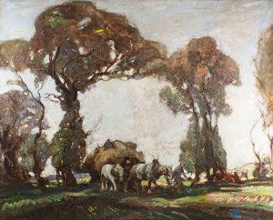 WILLIAM WATT MILNE, 1865-1949, “Working Horses near St.Ives”, Oil on canvas, 39 x 49 inches, signed initials Cambridge Fine Art