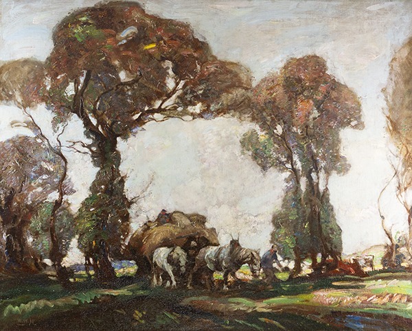 WILLIAM WATT MILNE, 1865-1949, “Working Horses near St.Ives”, Oil on canvas, 39 x 49 inches, signed initials Cambridge Fine Art