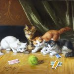 ALFRED BRUNEL de NEUVILLE, 1852-1941, “Kittens at Play” Oil on canvas, 21 x 25½ inches, signed Cambridge Fine Art