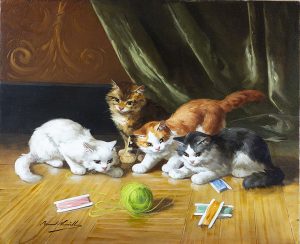 ALFRED BRUNEL de NEUVILLE, 1852-1941, “Kittens at Play” Oil on canvas, 21 x 25½ inches, signed Cambridge Fine Art