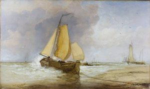 JAMES WEBB, 1825-1895, “Putting out to Sea”, Oil on canvas, 20 x 34 inches, signed Cambridge Fine Art