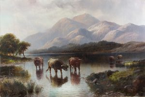 Highland Cattle, Loch Katrine by HENRY ROBINSON HALL Cambridge Fine Art Gallery
