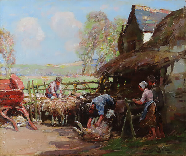 WILLIAM WATT MILNE, 1865-1949, “Sheep Shearing near St.Ives”, Oil on board, 10 x 12 inches, signed initials Cambridge Fine Art Gallery